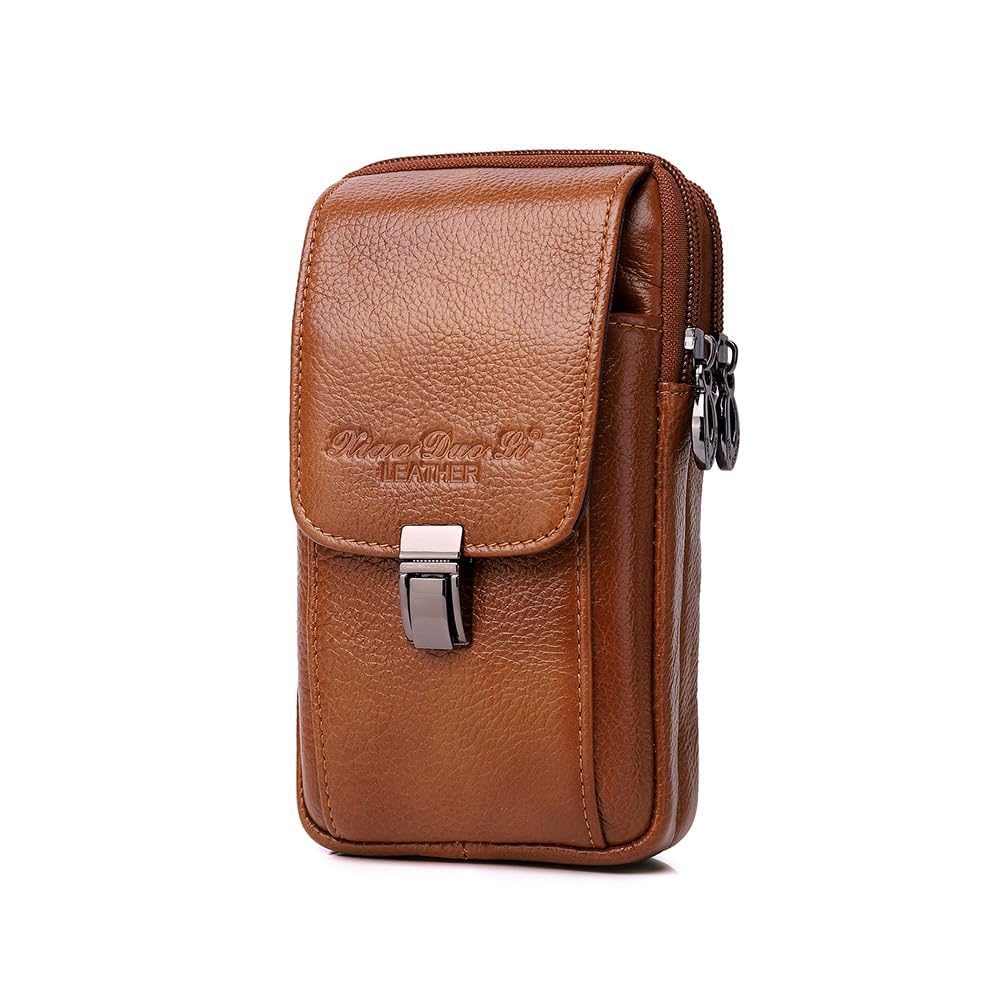 Men's Leather Waist Bag Leather Phone Purse Small Waist Pack Carry Pouch for iPhone 15 14 13 12 11 Pro X Xs 8 7 Plus 6 6S Galaxy S20 S10 S9 S8 L Size