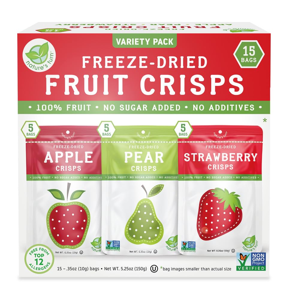 Nature’s Turn Freeze-Dried Fruit Crisps –Healthy, Gluten-Free,Crispy & Delicious, Plant-Based Snack,Ideal for Cereal, Smoothies,School Lunches,& On-the-Go,Lunchbox Snack Variety Bags of 15 (0.35 oz Each)