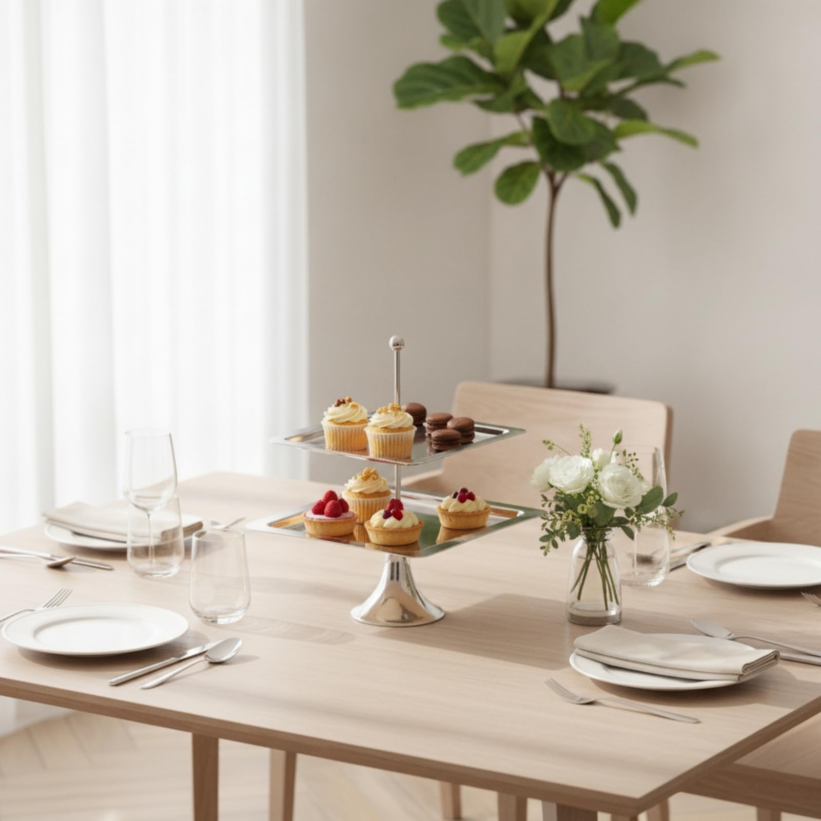 MagiDeal Alzata Dolce Multistrato Espositore Dessert Vassoio Rettangolare Portavivande Supporto a Due Livelli in Acciaio Inossidabile con Bordo Contenitivo, Two-Tier
