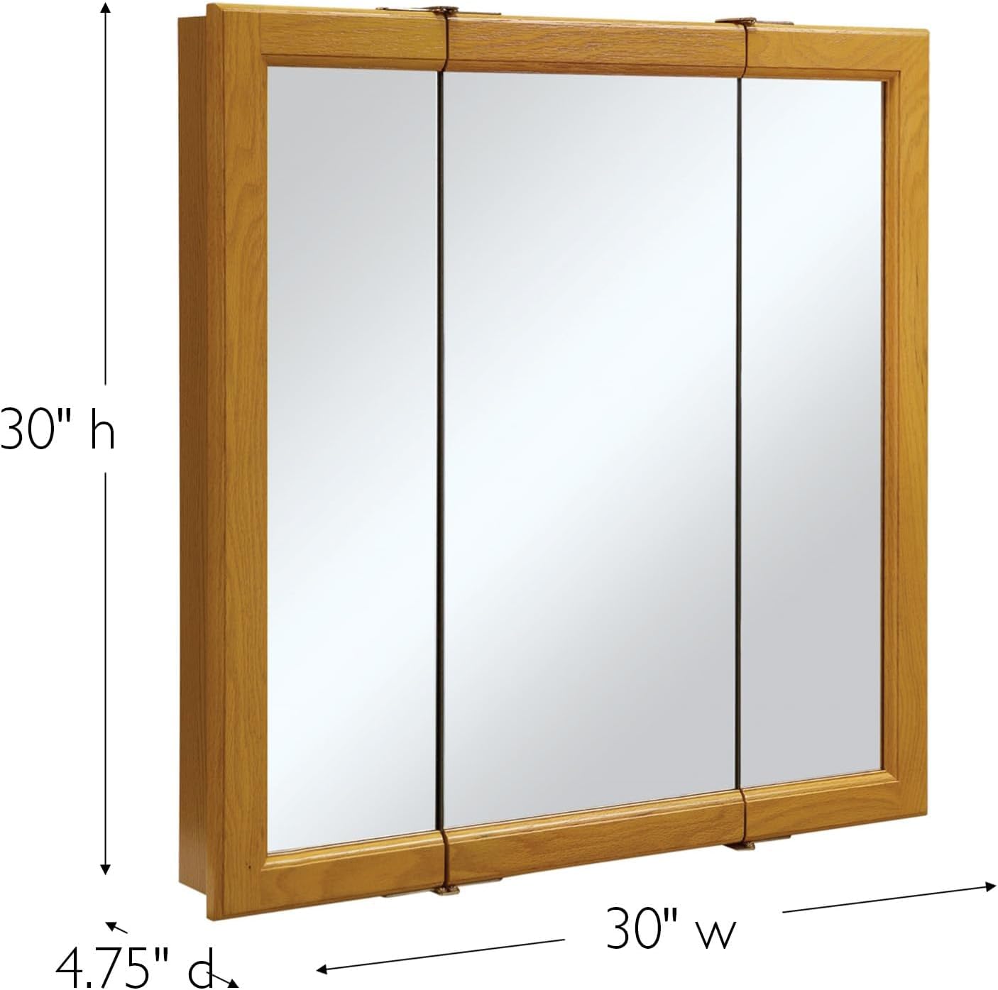 Pemberly Row Modern Wood Medicine Cabinet, Honey Oak Finish, 30-Inch Tri-View Mirror, Water-Resistant Design, 3 Doors and 2 Shelves, Decorative Bathroom Storage and Organization