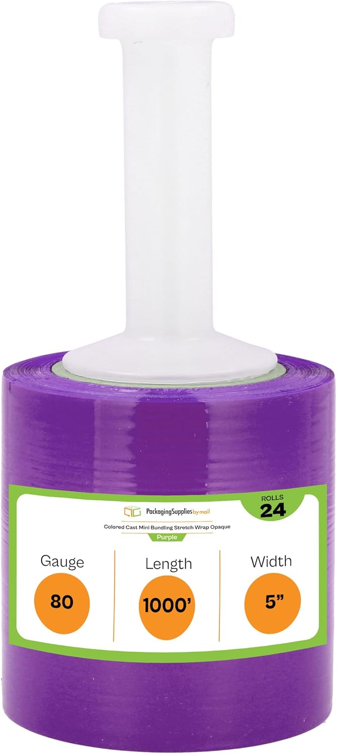 PSBM Dark Purple Mini Stretch Wrap with Plastic Handle, 24 Rolls 5 Inch x 1000 Feet 80 Gauge Heavy Duty Plastic Wrap Industrial Strength Shrink Film for Moving, Packing & Shipping