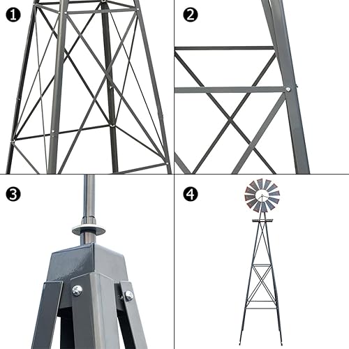 Miniatura 10 de Molino de viento ornamental para decoración de jardín, veleta meteorológica, molino de viento de metal resistente de 8 pies con diseño de 4 patas,