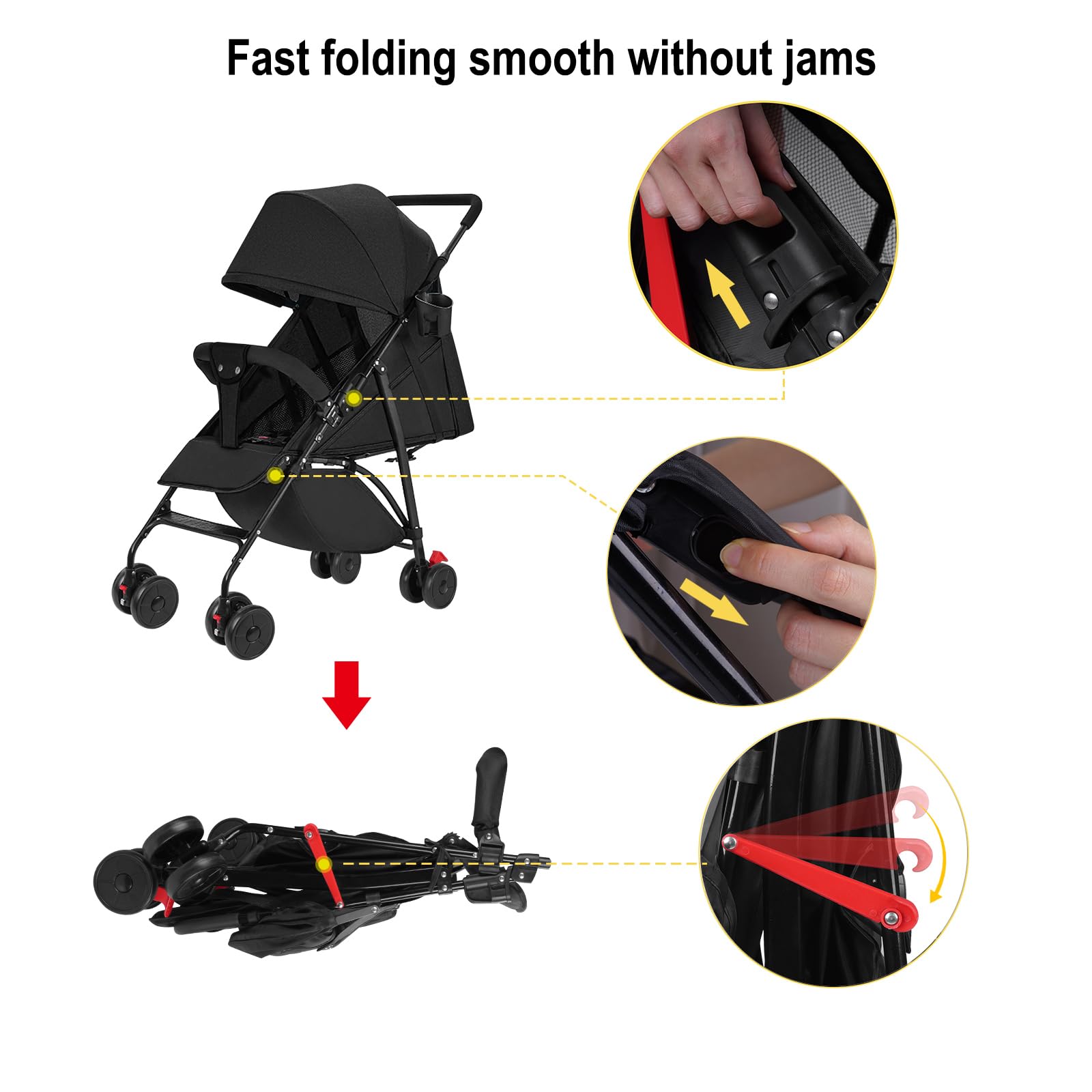 Poussette Canne de 0 à 3 ans et demi, Siège Bébé Léger et Portable, Siège Nouveau-Né avec Inclinaison Réglable, Harnais de Sécurité à 5 Points, Idéal pour la Maison et les Voyages, Noir