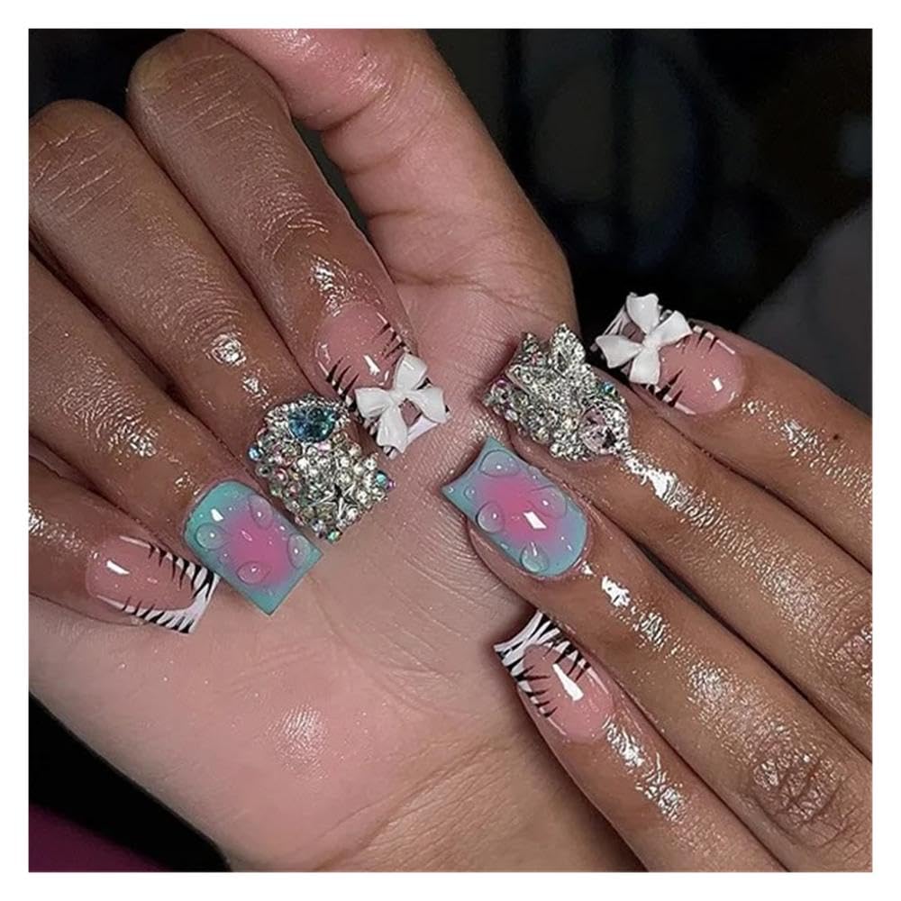 24pcs Rhinestone Butterfly Bowkont Press On Nails Purple Blue Halo Dyeing Fake Nails DIY Manicure(Y6)