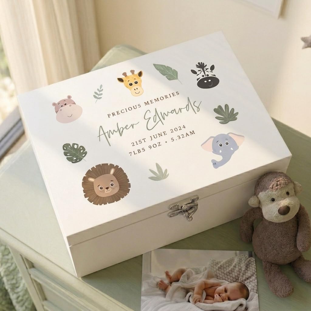 Caja de recuerdos personalizada de madera blanca con animales de la selva | Baby Shower, nuevo bebé | 27 x 19 x 14 cm
