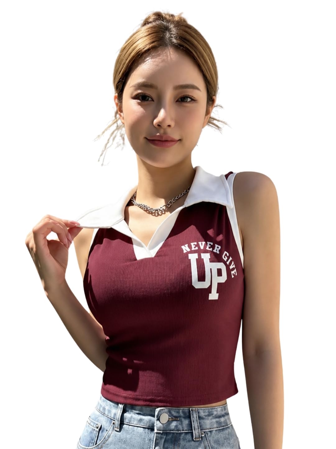 Women Maroon Crop Polo Top Sleeveless Casual Slim Fit Stylish Summer Wear-picture-50