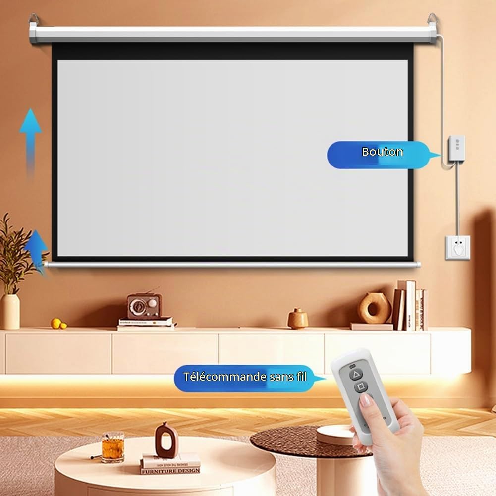 Écran de Projection motorisé 60 Pouces 16:9, 4K HD, rétractable et Automatique avec télécommande, for la Maison, Le Bureau ou la Salle de Classe