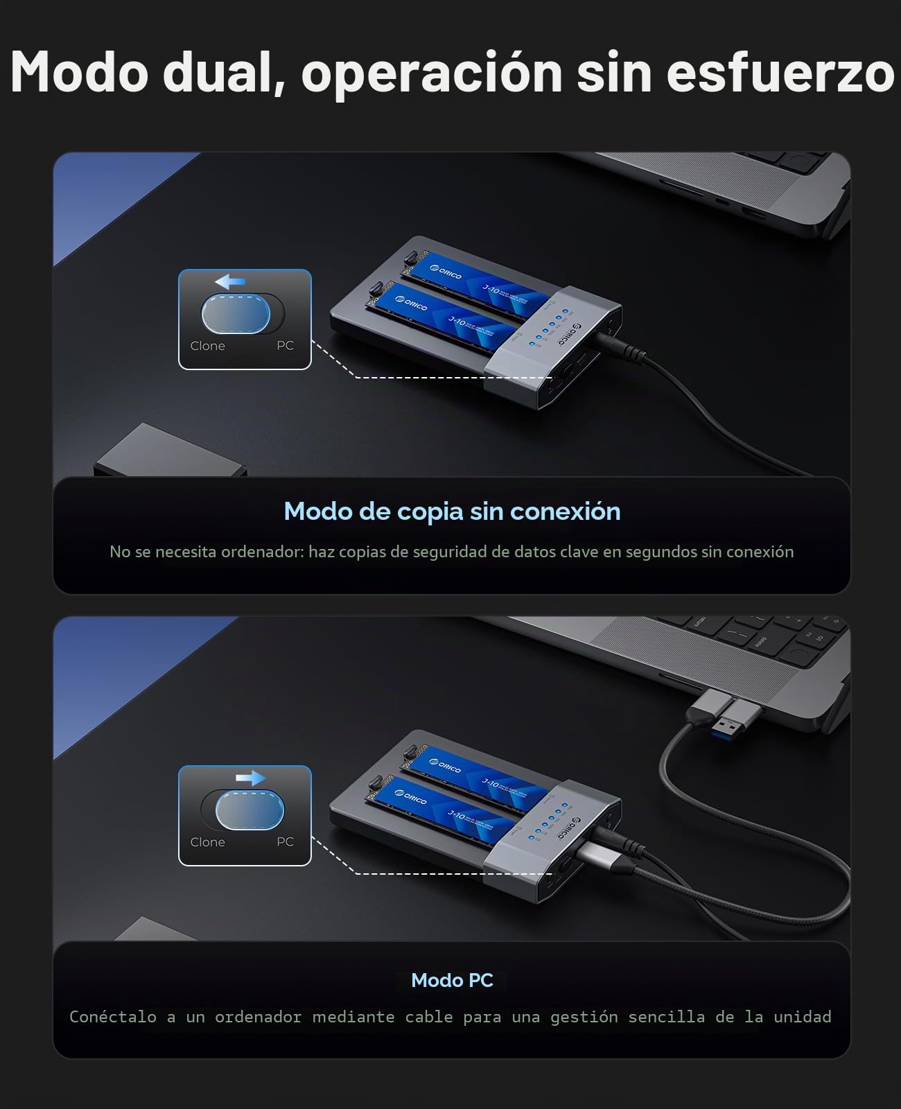ORICO Carcasa para SSD M.2 NVMe de 20 Gbps, Estación de Acoplamiento M.2 NVMe de Dos Bahías, Base de Acoplamiento NVMe para SSD PCIe NVMe con Conector M, Compatible con Clonación sin Conexión y UASP