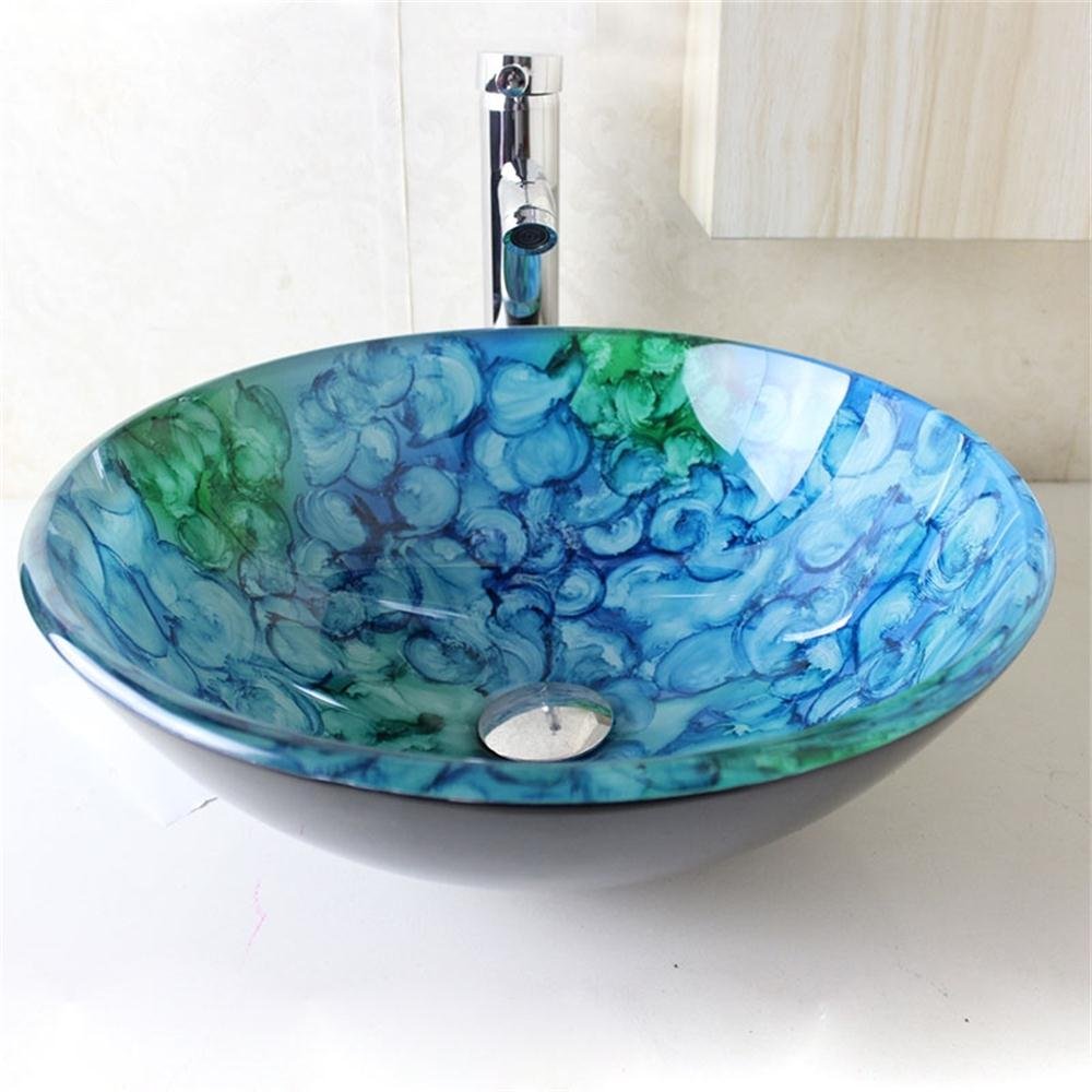 Lavabo bleu mer vasque ronde verre trempé salle de bain avec robinet droit haut complet