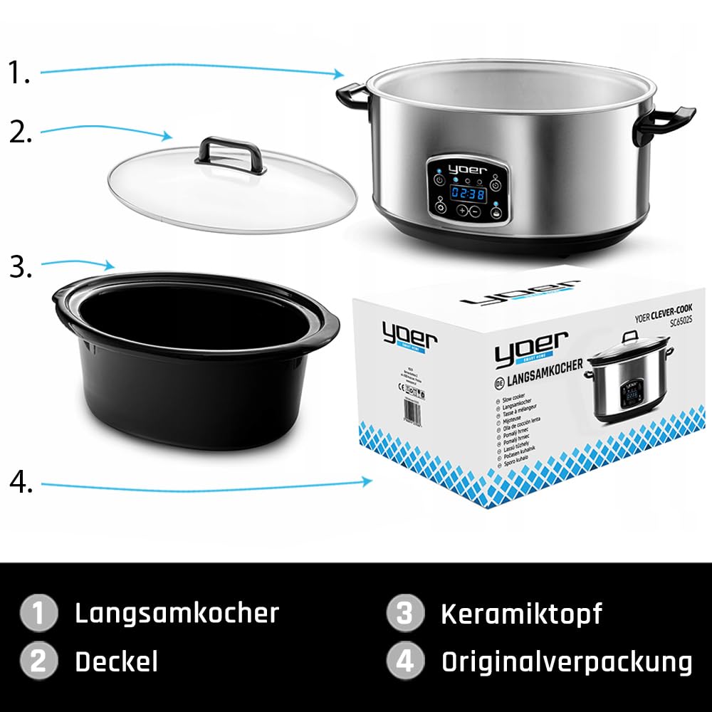 Yoer Clever-Cook SC6502S, Slow Cooker, 320W, 6,5L, Multifunktional, ECO, 16-Stunden-Timer, LCD-Display, Temperaturhaltefunktion, 3 Betriebsmodi, Herausnehmbarer Keramikeinsatz, Antihaft-Beschichtung