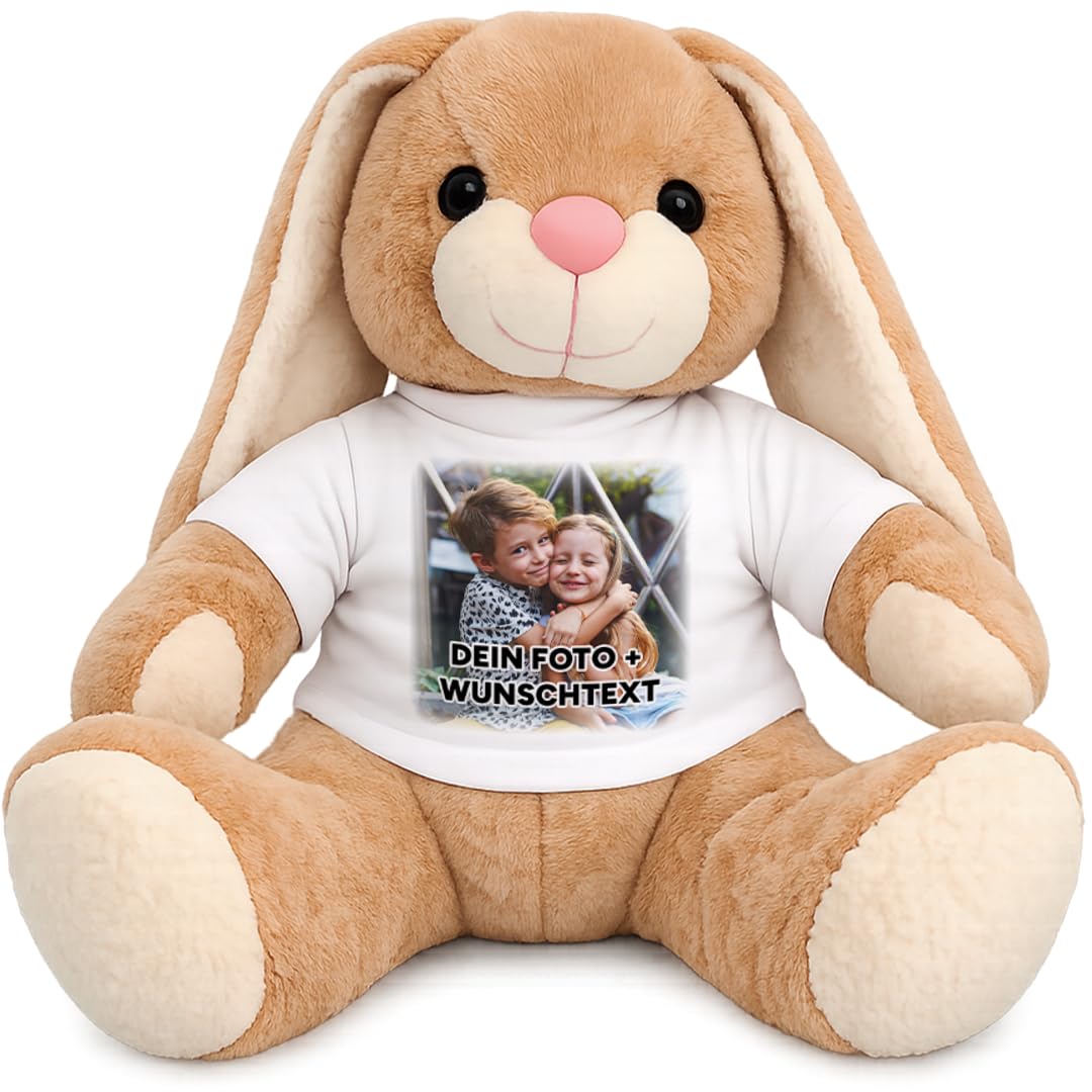 Kuscheltier XXL Hase personalisiert – Flauschiges Plüschtier mit weißem T-Shirt zum Bedrucken – Weicher Teddybär für Babys & Kinder – Geschenk zur Geburt & Geburtstag, extra groß, Sitzhöhe 40cm