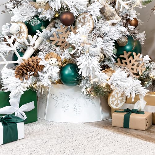 AuldHome Design Rustic White Tree Collar Pine Embossed Large 29 Inch Diameter Base Vintage Enamelware Christmas Tree Accent Distressed Pine Cone Design