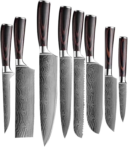 Miniatura 2 de Bonus Home. Juego de 8 cuchillos premium para chef con patrón de Damasco y caja de regalo. Asas de madera natural. Acero inoxidable alemán.