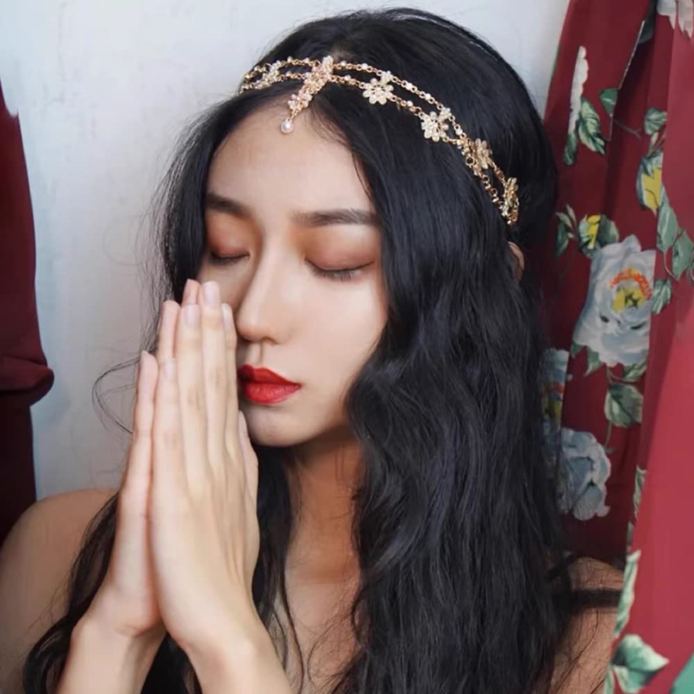 DonLeeving 2 PACK Boho Rhinestone Pearl Head Chain Flower Hair Chain Festival Wedding Headpiece Hair Chain Spring Summer Christmas Fashion Headband Hair Jewelry for Women and Girls : Beauty & Personal Care