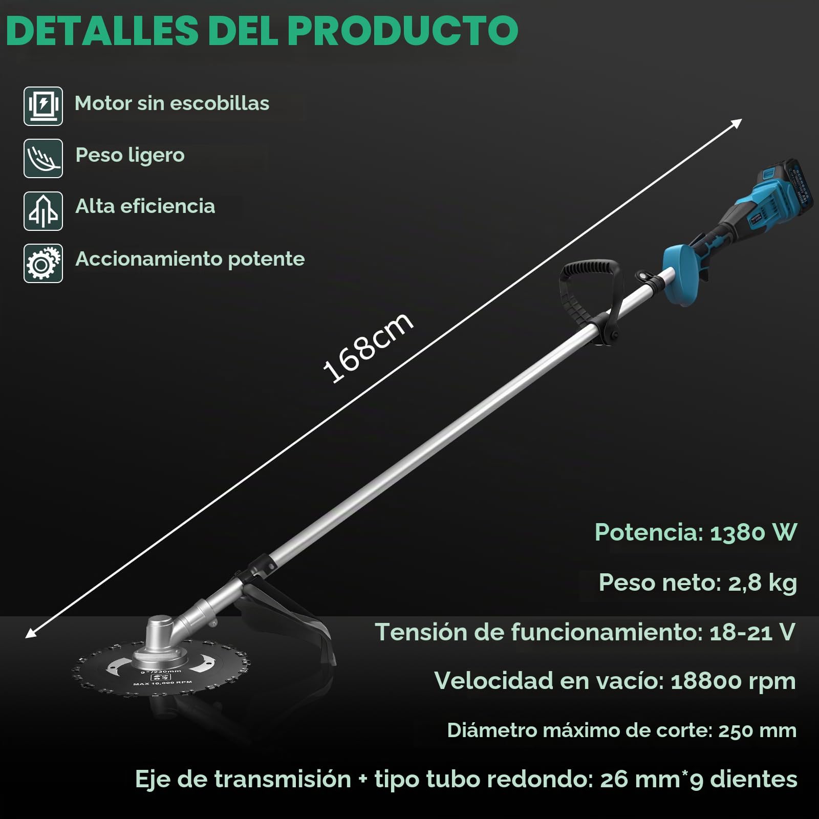 Desbrozadora con batería 7 en 1 con 2 baterías de 4 Ah, 1380 W, desbrozadora sin escobillas, batería con 7 cuchillas y correa para el hombro, 18800 rpm desbrozadora eléctrica para jardín, césped y