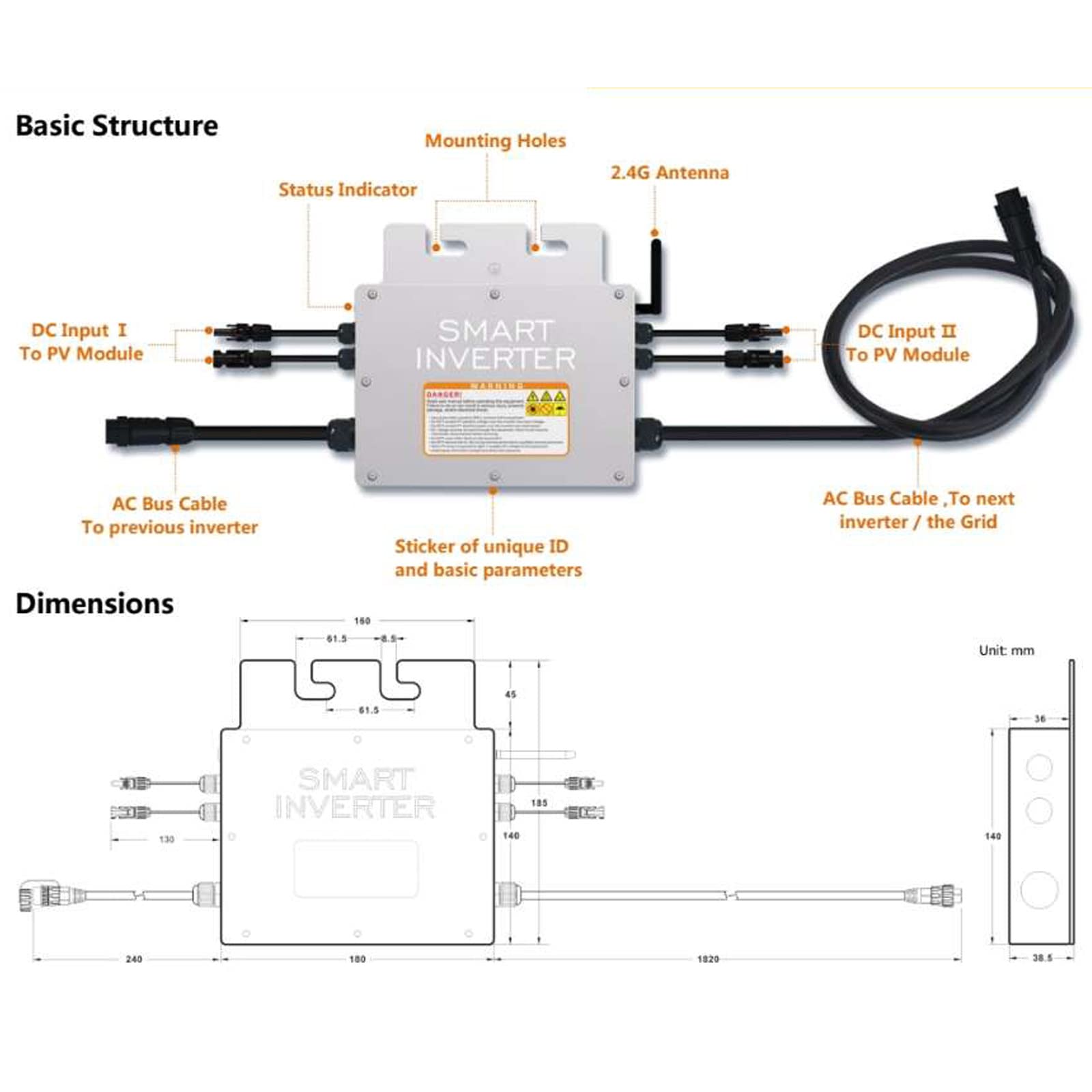 Inverter Di Rete,Micro Inverter Solare Impermeabile Ip65,Micro Inverter Per Rete Fotovoltaica Solare Mppt Ingresso Serie Sg 18-50V Uscita 120-230V,SG600W