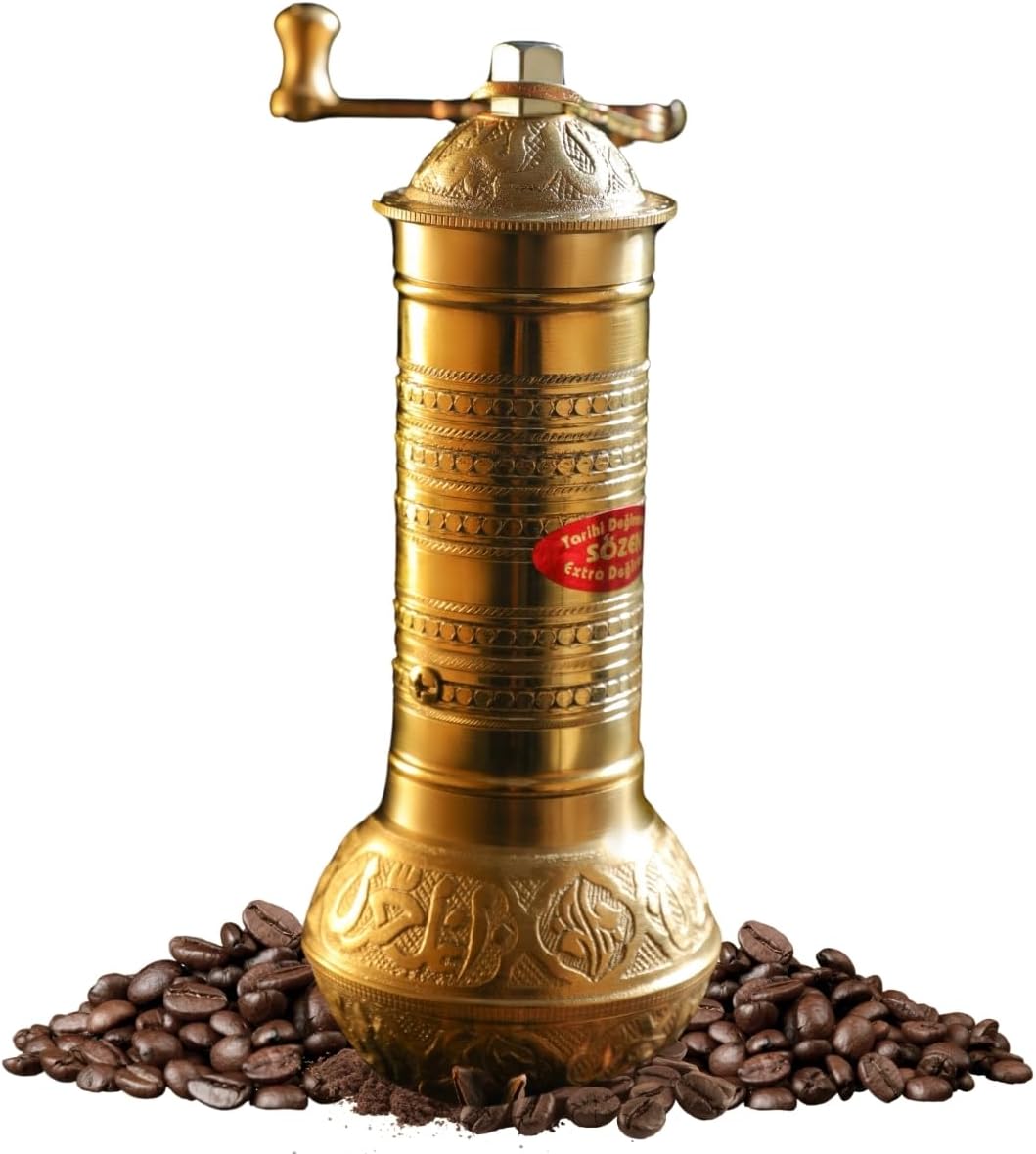Sozen 7.6" Hammered Manual Coffee Grinder Brass – Hand Crank Burr Mill for Turkish Coffee, French Press, Espresso, Camping & Home Use – Portable Coffee Bean Grinder, Adjustable Conical Grinder