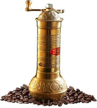 Sozen 7.6" Hammered Manual Coffee Grinder Brass Hand Crank Burr Mill for Turkish Coffee, French Press, Espresso, Camping & Home Use Portable Coffee Bean Grinder, Adjustable Conical Grinder