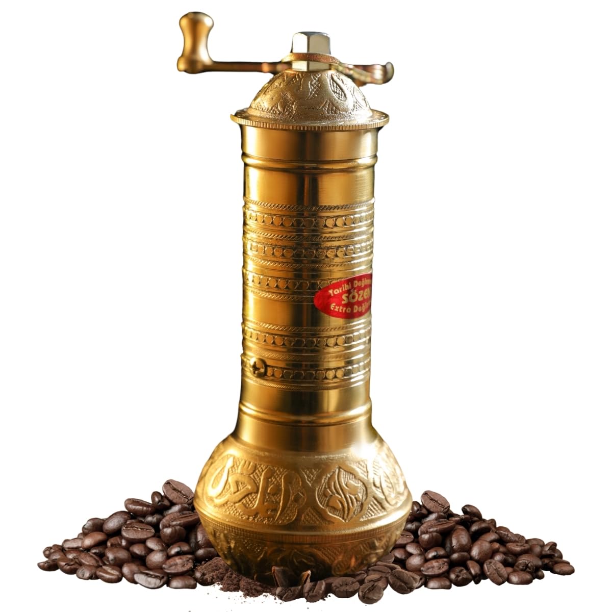 Sozen 7.6" Hammered Manual Coffee Grinder Brass – Hand Crank Burr Mill for Turkish Coffee, French Press, Espresso, Camping & Home Use – Portable Coffee Bean Grinder, Adjustable Conical Grinder