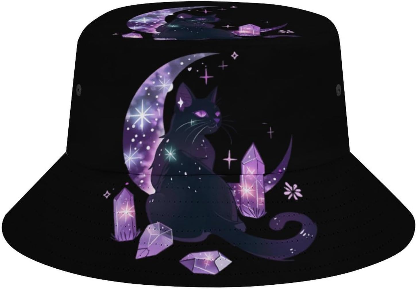 Moon Crystal Witchy Cute Black Cat Bucket Fisherman Hat Sun Hats for Women Outdoor Summer Travel Beach Caps