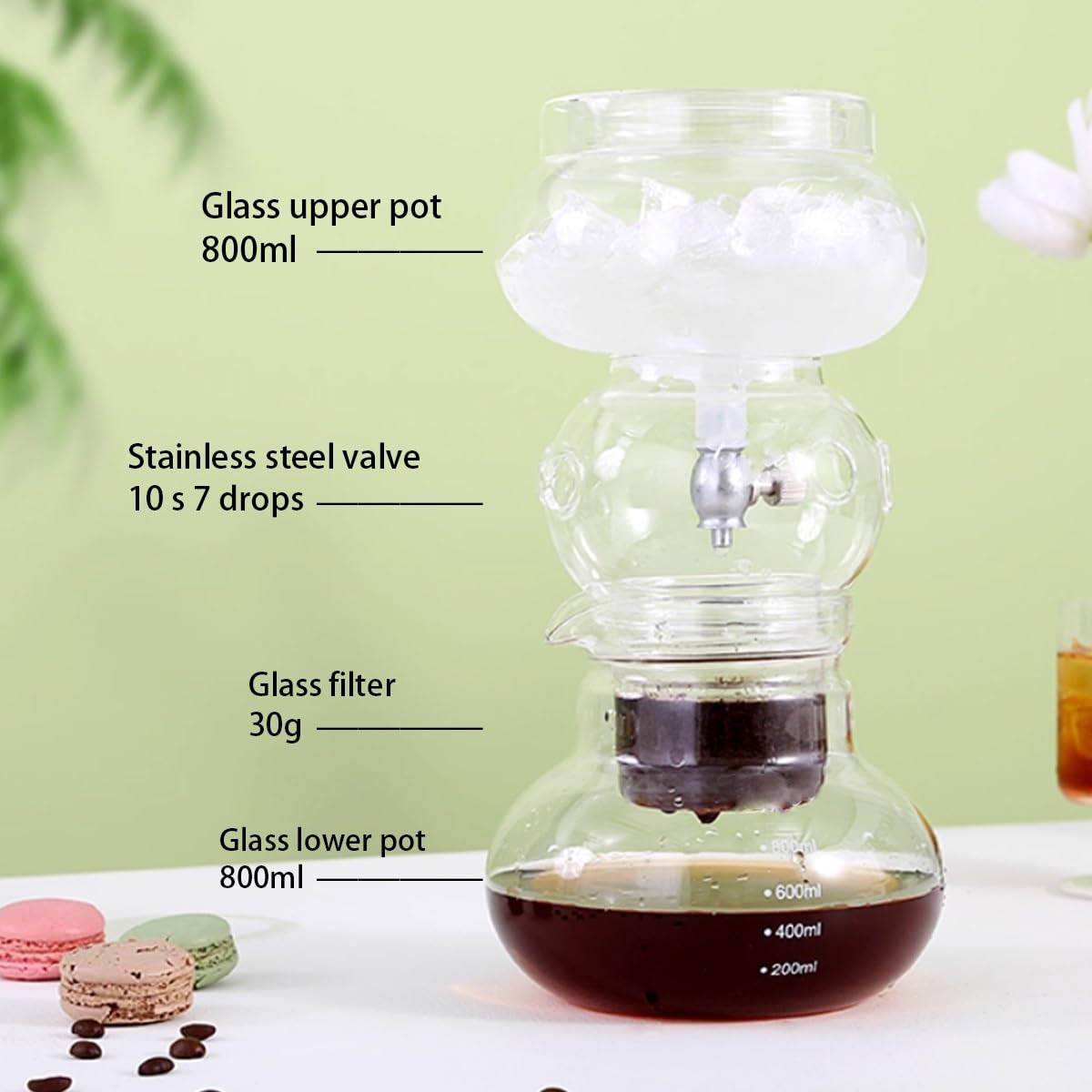 Caffettiera in vetro borosilicato resistente al calore, gocciolatore regolabile in acciaio inox, per 5-8 tazze per casa o ufficio