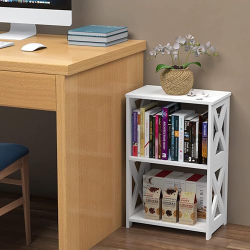 Miniatura 5 de Rerii Estantería pequeña para espacios pequeños, mesa auxiliar y mesita de noche, mesa auxiliar con 2 estantes, estantería ideal para sala de estar,