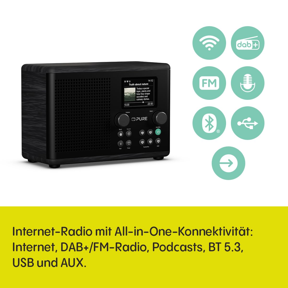 Pure Classic H4i – Internetradio mit WLAN, DAB+ & FM, Bluetooth 5.3, USB – 10W Lautsprecher – 2,4" Farbdisplay – 150 Speicherplätze – Sleep- & Küchentimer – AUX-Eingang – Schwarz