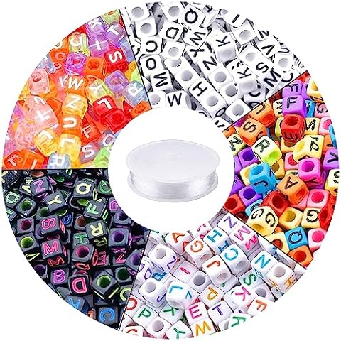 Augshy 1400pcs 5 Color Cube Alphabet Beads Bracelet Letter Beads for Bracelets Making with 1 Roll 50M Crystal String Cord for Jewelry Making（6mm） Cover