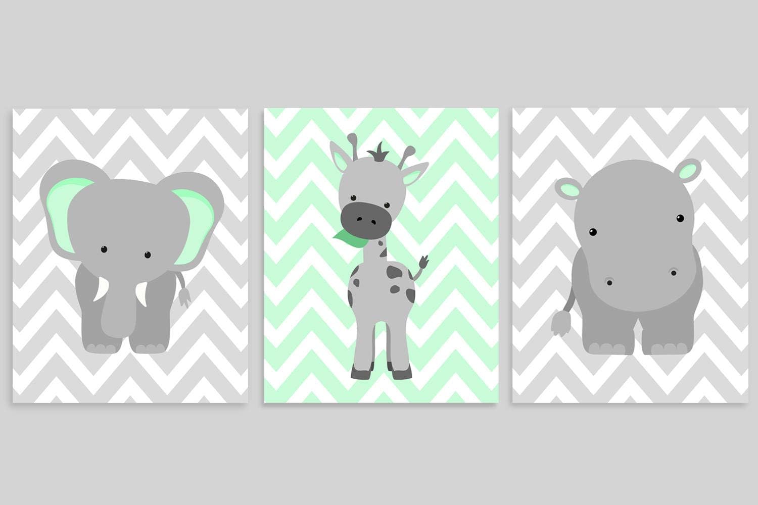 NNNNOOO Zoo Nursery Art Baby Zoo Canvas Elephant Nursery Giraffe Wall Art Baby Room Decor Zoo Canvas Decor Zoo Wall Art Mint and Grey Nursery 8x10 inches Set of 3