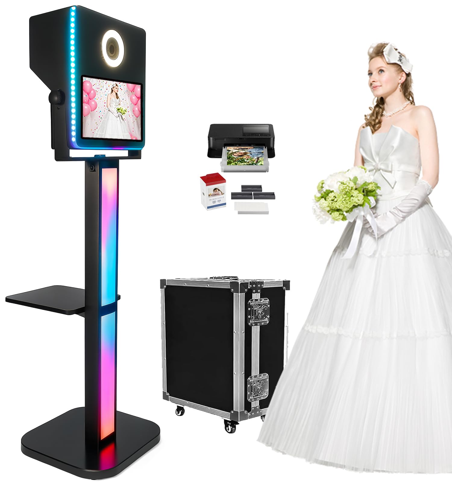 Mirror Photo Booth with Printer Included, 15.6-in Touch Screen Selfie Portable Photobooth Machine for Events Wedding Birthday School Party RGB Lights