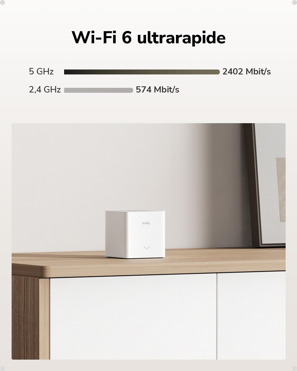 Cudy AX3000 Système maillé Wi-Fi 6 pour toute la maison, 2500 m², M3000S | WiFi double bande 2402 + 574 Mbps 6, 2 ports Gigabit, maillage sans couture, serveur VPN+client, 160 MHz