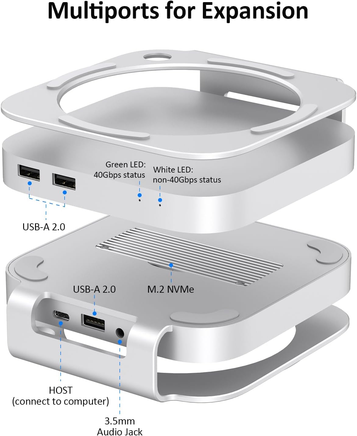 40Gbps USB4 Hub & Stand for Mac mini M4/M4 Pro, All-Aluminum Docking Station with 40Gbps M.2 SSD (NVMe PCle) Enclosure, 3*USB 2.0, 3.5mm Audio, USB4 Host | Mac mini M4 USB-4 Dock