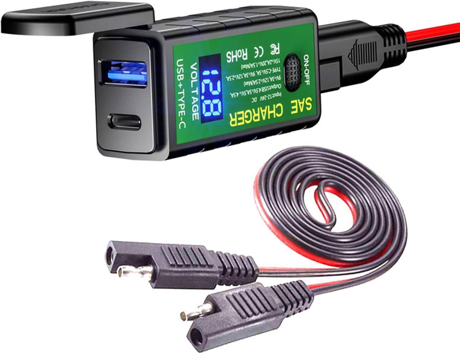 Motorcycle Phone USB Charger for Kawasaki D Tracker X 2011-2024, SAE to USB Adapter Type C and Quick Charge USB 3.0 with Voltmeter, ON/Off Switch and 3.6FT SAE Extension Cable, Stable Output