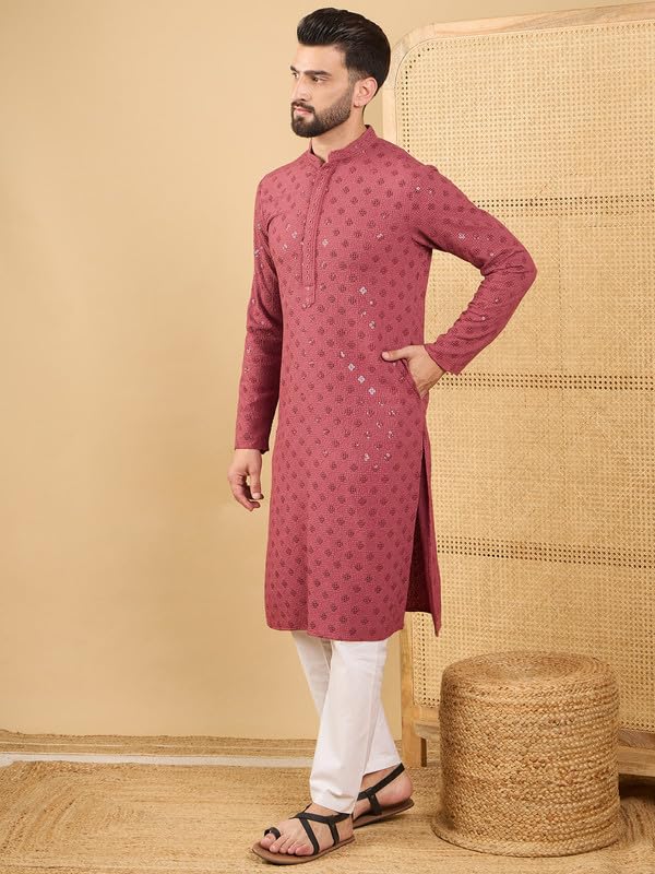 Image of Men's Solid Embroidered Long Straight Kurta | Men's Kurta | Embroidered Chikankari Kurta for Men | Straight Fit Kurta for Men