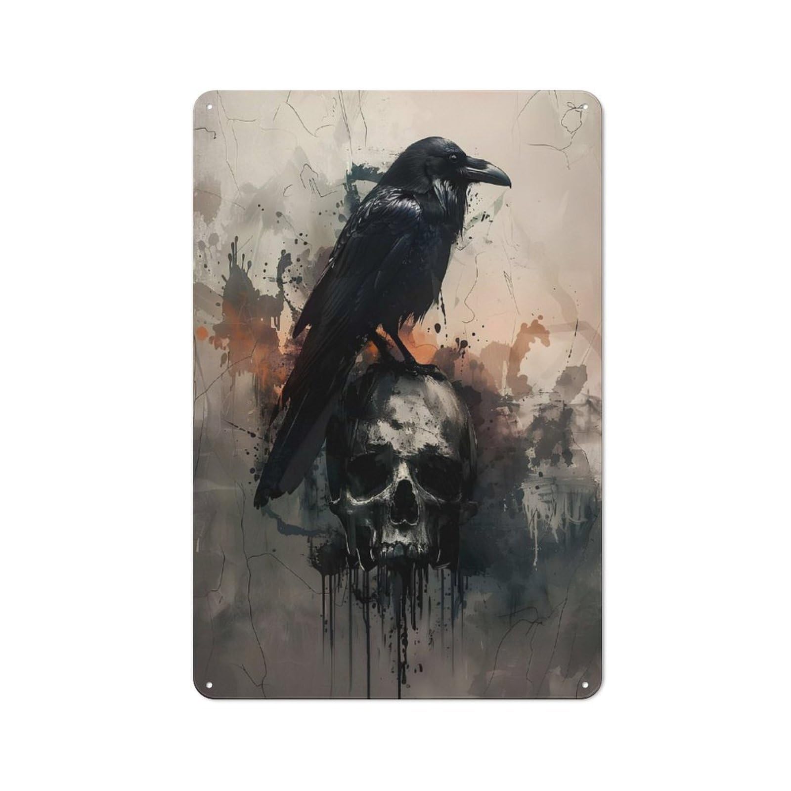 Junmoney E.a. Poe Raven On Skull Tin Wall Plaque 30X20cm With For Bar Or Restaurant, For Hospitality Decor Collectors