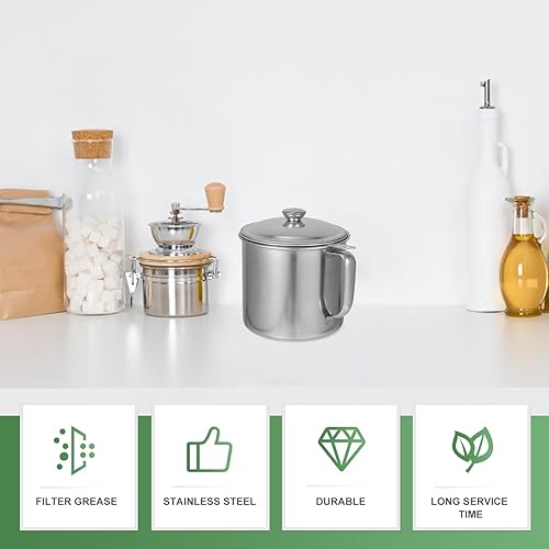 Miniatura 7 de Recipiente de aceite de acero inoxidable de 1.4L con colador de grasa de tocino con bandeja antideslizante para aceite de cocina y freír