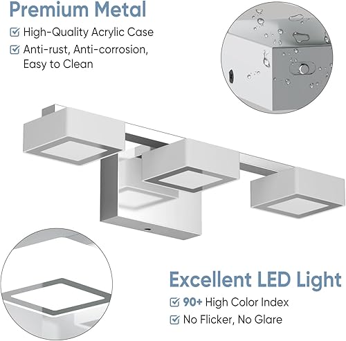 Miniatura 4 de MYTH REALM Moderna lámpara LED de baño sobre el espejo, 3 luces regulables de tocador, lámpara de tocador de baño de acrílico cromado, ajustable de