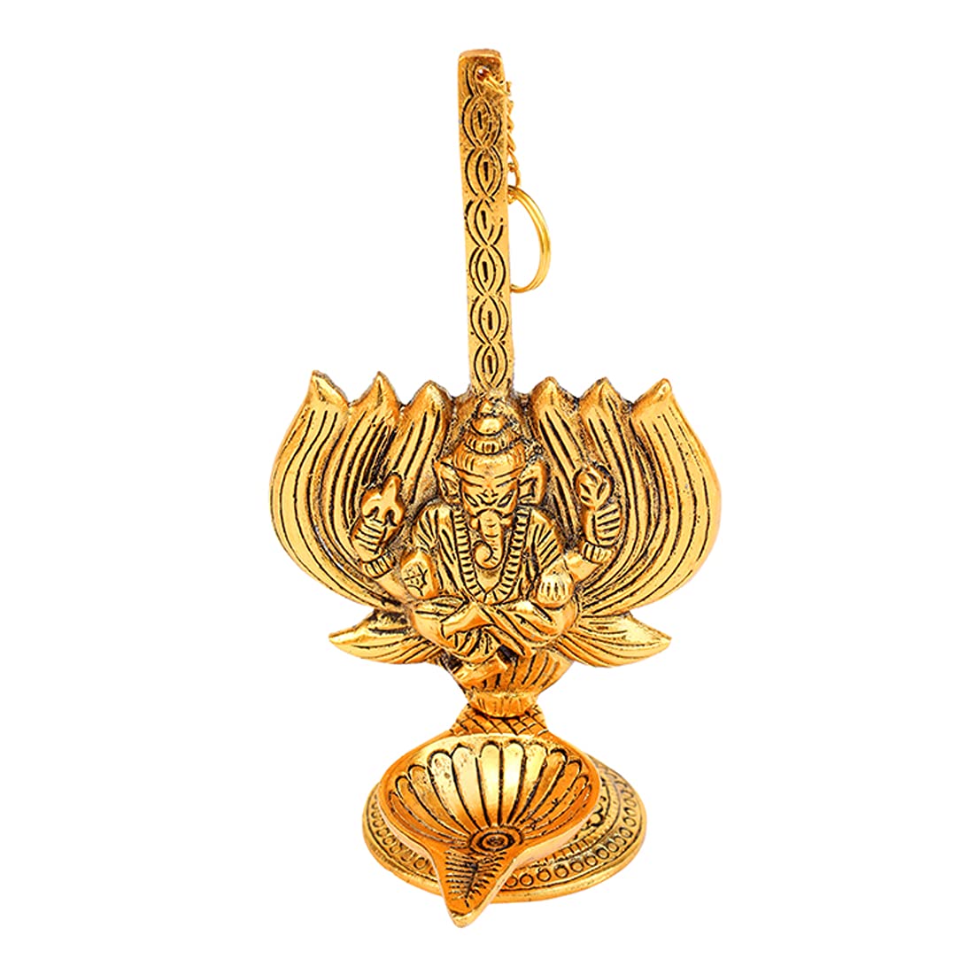 Metal Ganesh Wall Hanging Diya Deepak Oil Lamp, Metal Lotus Diya Oxidized White Metal Gold Plated Indian Traditional Pooja Item Decor Diya Decorations for House Home Gift Items