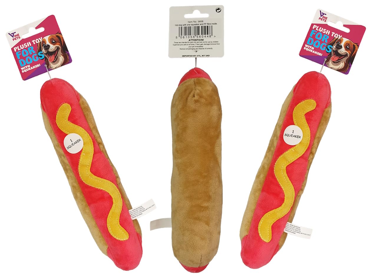 VINE PETS Plush Hot Dog Sausage Food Themed Dog Toys, Pack of 3, Squeaky Chew Toys with Soft Material, Brown Red and Mustard Design