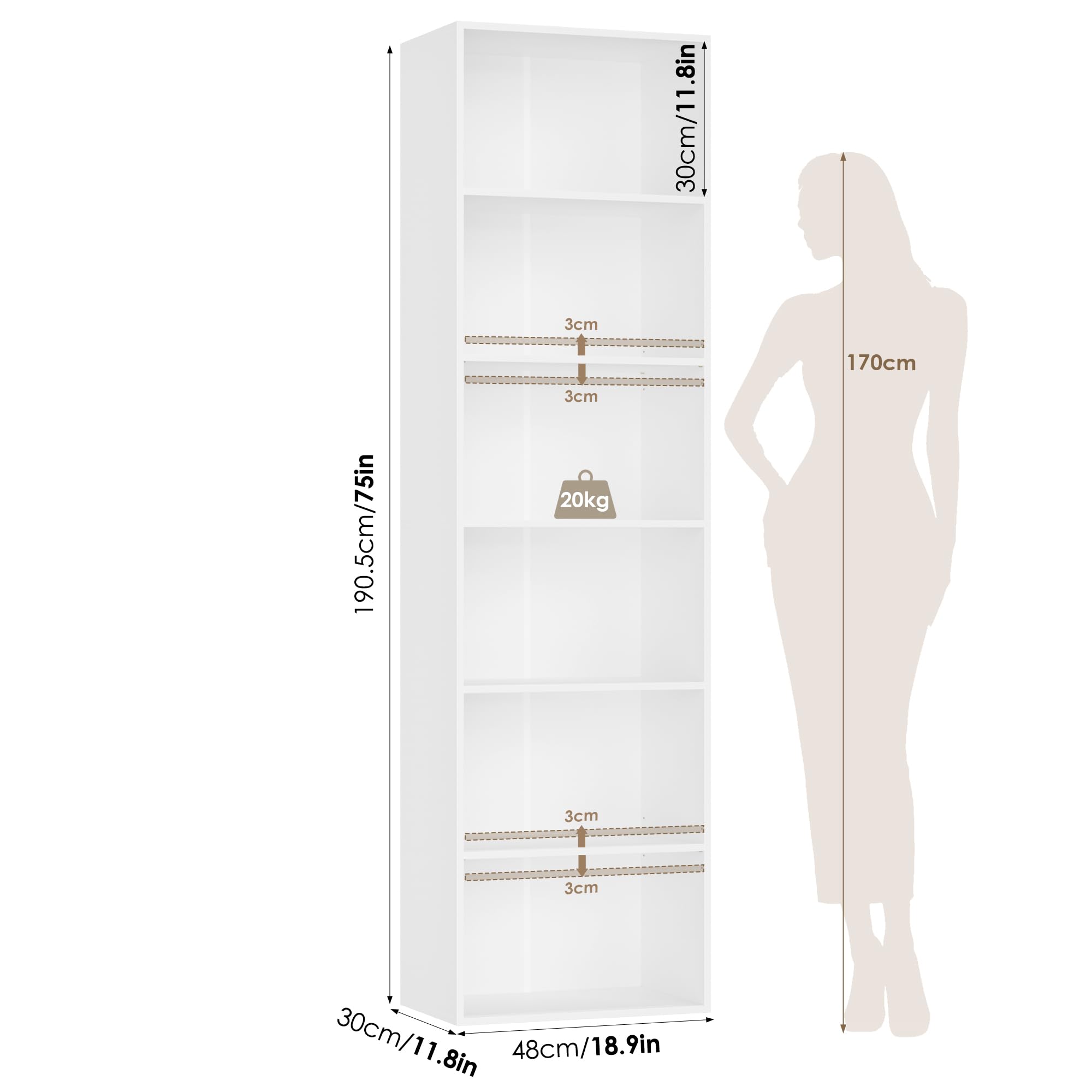 FirFurd 190,5 cm Bücherregal, Regal mit 6 Fächern, Bücherschrank, Kallax Regal, Würfelregal, Standregal, Aufbewahrungsregal, für Wohnzimmer Büro Schlafzimmer, 48x30x 190,5cm, weiß