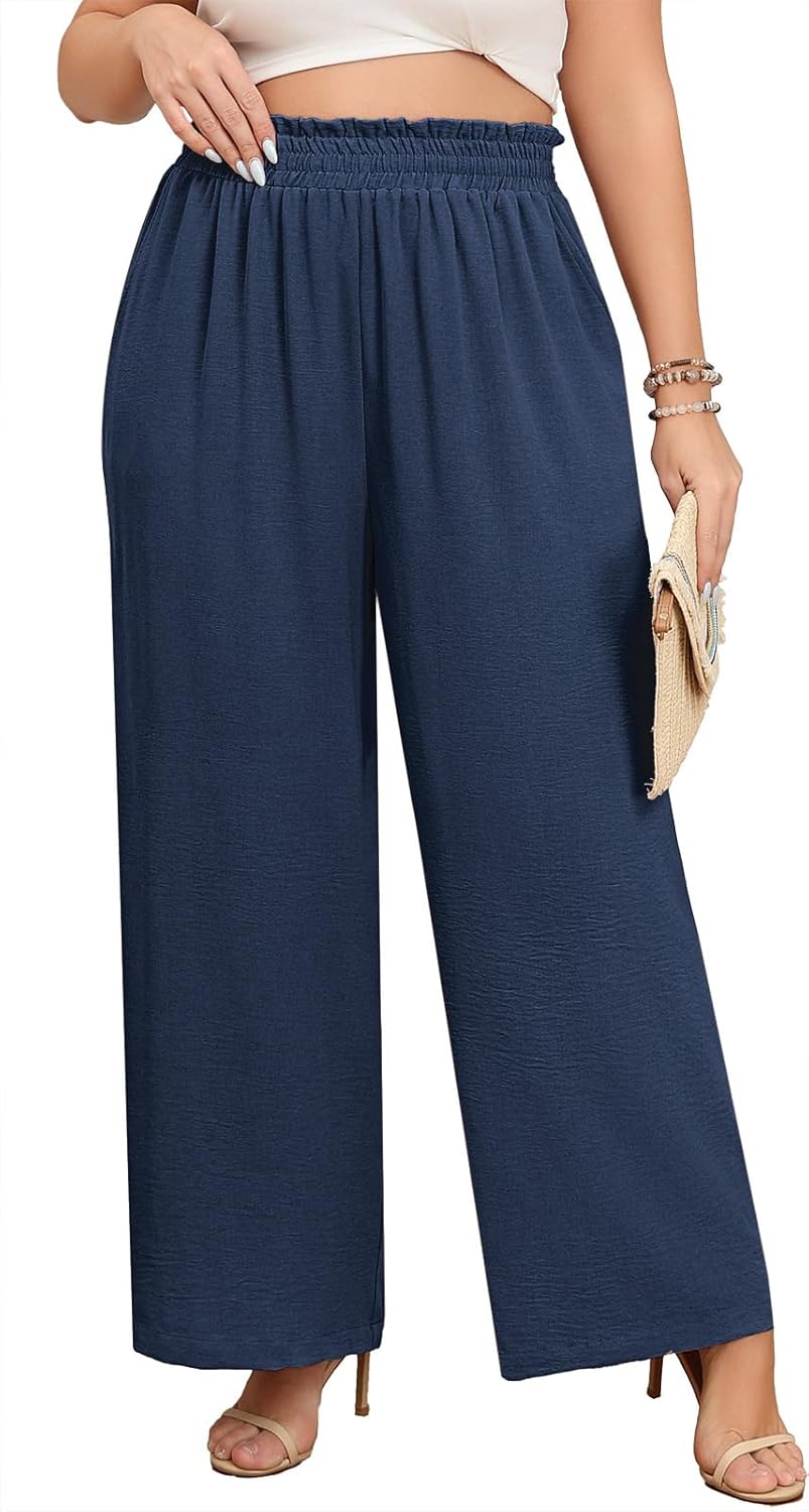 Lastshe Women's Plus Size Wide Leg Pants Elastic High Waist Hide Drawstring Loose Work Pants Palazzo Trousers with Pockets - Image 6