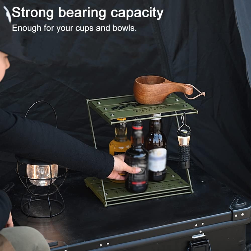 Aluminum Alloy 2-tier Folding Outdoor Camping Picnic BBQ Tableware Cookware Storage Bracket Campsite Tools Shelf