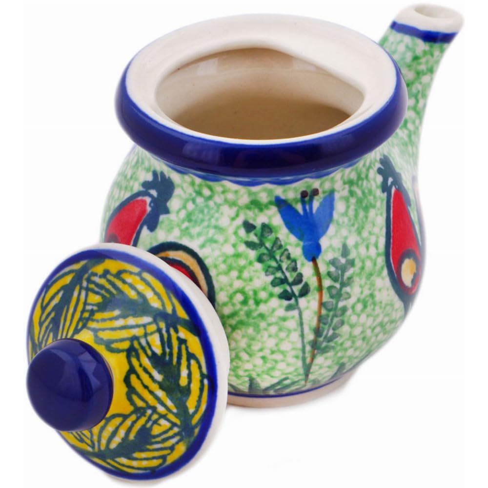 Authentic Polish Pottery Creamer with Lid Signature UNIKAT in Rooster Parade Design Handmade in Boles?awiec Poland by Ceramika Artystyczna + Certificate of Authenticity