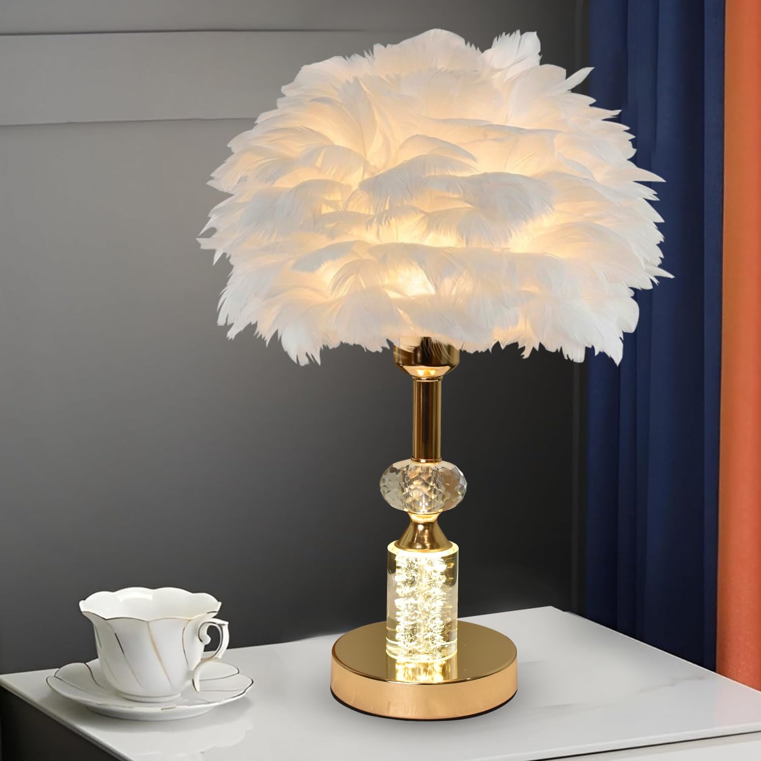 Smartway Silken Feather LED Table Lamp with Crystal in Golden Stem | Modern Decorative, Bedside & Desk Lamp, For Bedroom Living Room & Office, Premium Home Décor Lighting-image-3