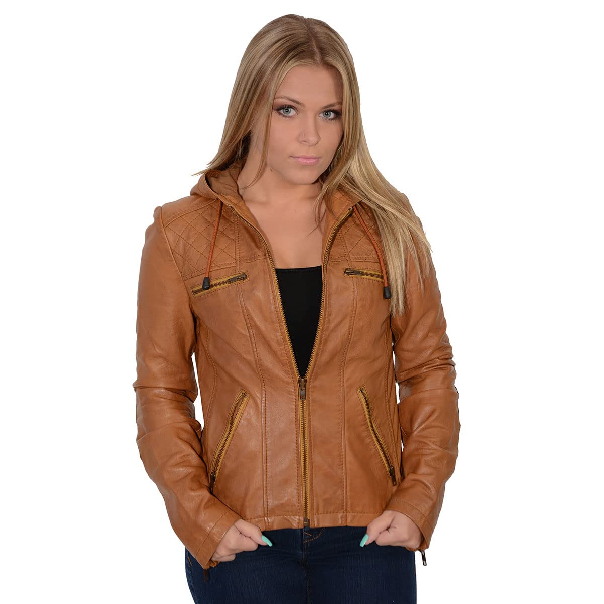 Milwaukee Leather SFL2810 Women's Cognac Scuba Style Fashion Leather Jacket with Drawstring and Hoodie - 4X-Large
