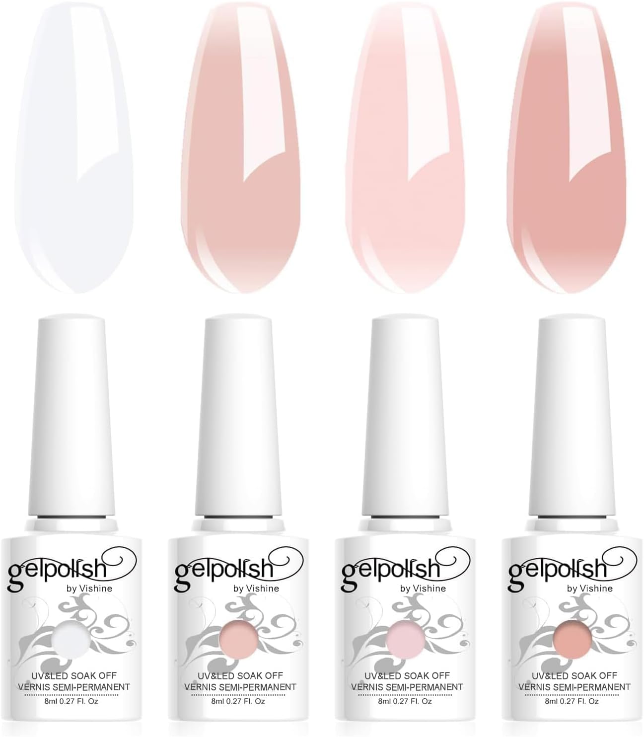 Vishine 4Pcs Jelly Nude Pink Milky White Rose Gel Nail Polish Set Sheer Clear Crystal Translucent French Manicure Gel Nail Polish Kit 8ml