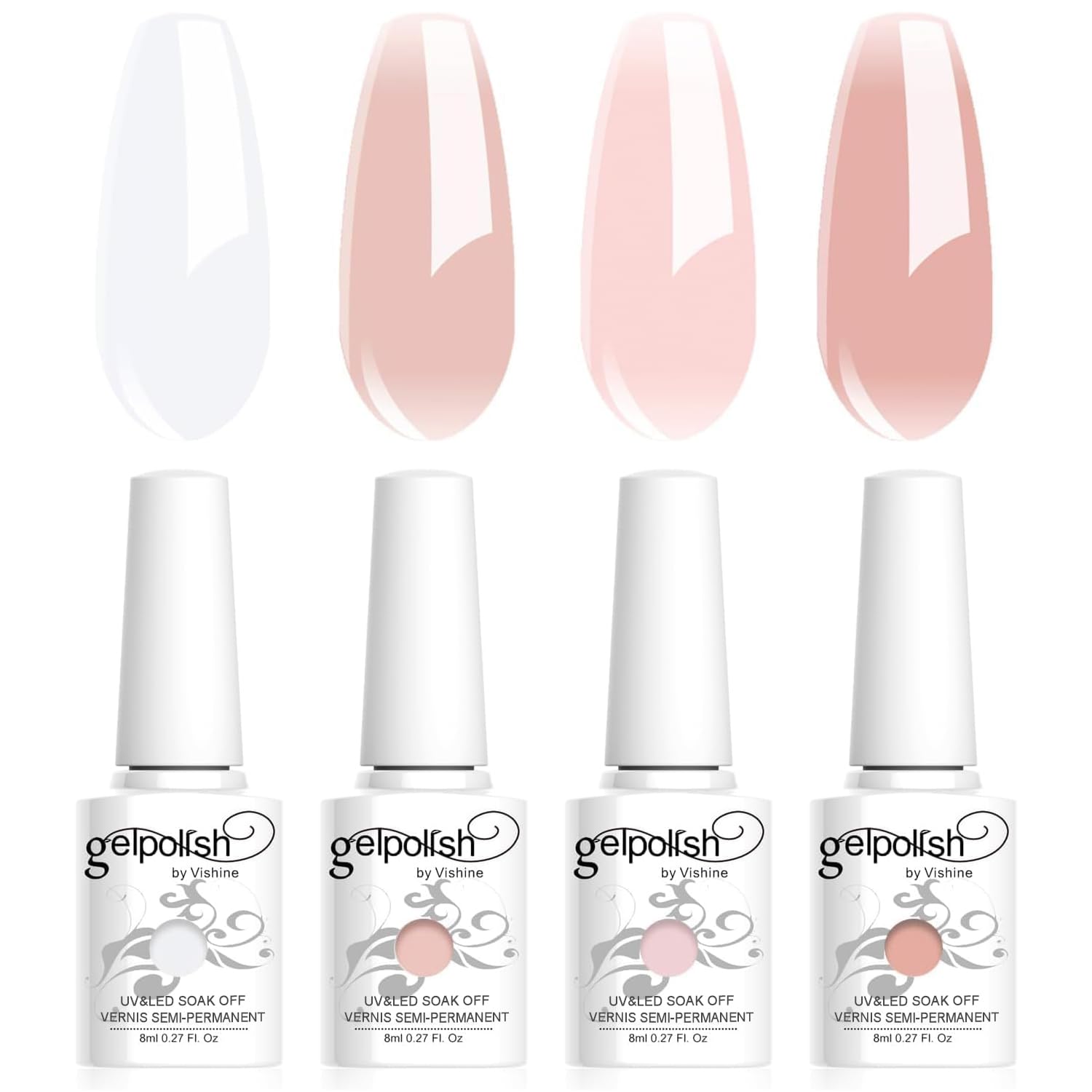 Vishine 4Pcs Jelly Nude Pink Milky White Rose Gel Nail Polish Set Sheer Clear Crystal Translucent French Manicure Gel Nail Polish Kit 8ml