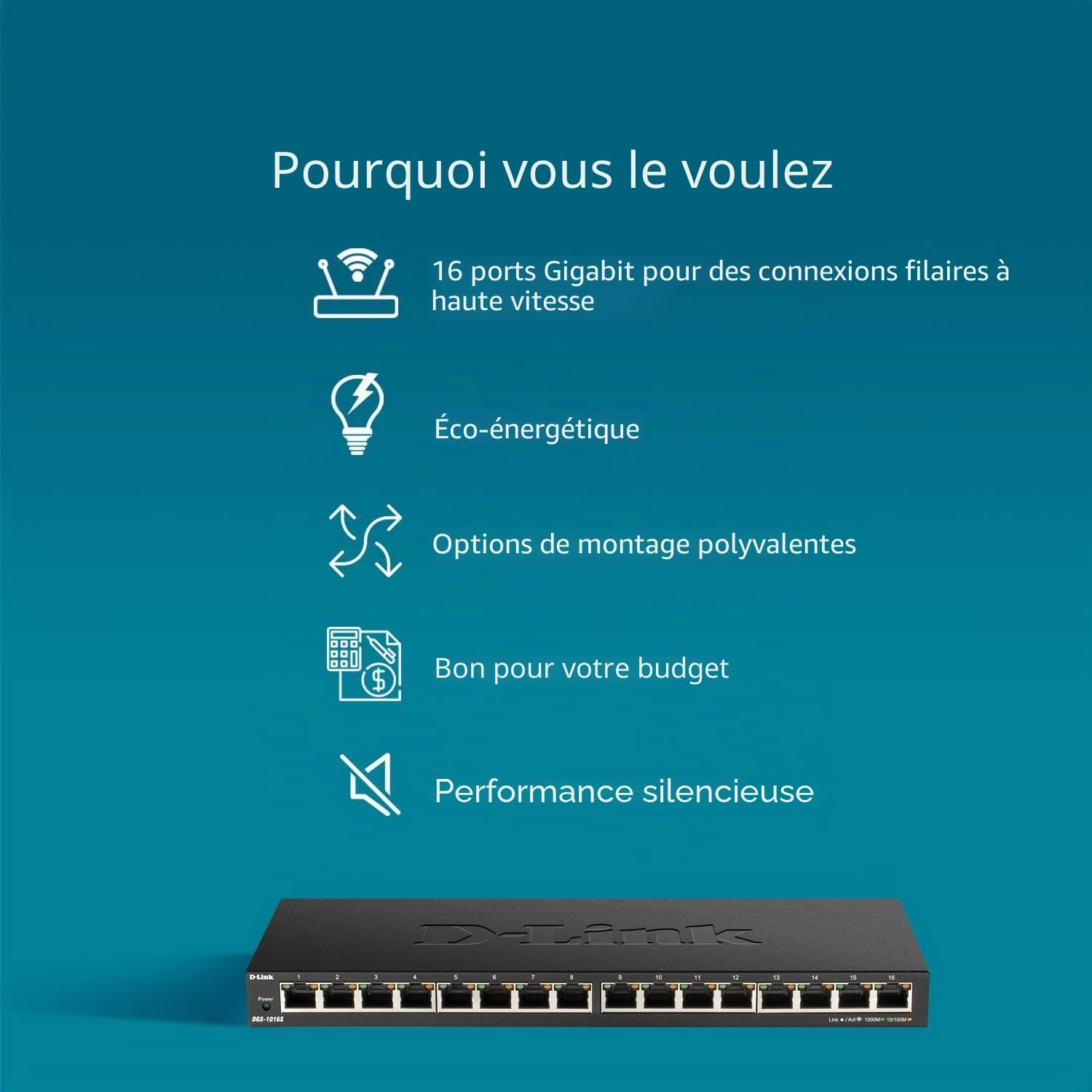 D-Link DGS-1016S Commutateur Gigabit Non géré à 16 Ports, sans Ventilateur, Profil Bas, boîtier en métal, Montage Mural/de Bureau, Plug-and-Play, QoS 802.1p, 802.3az EEE Noir DGS-1016S