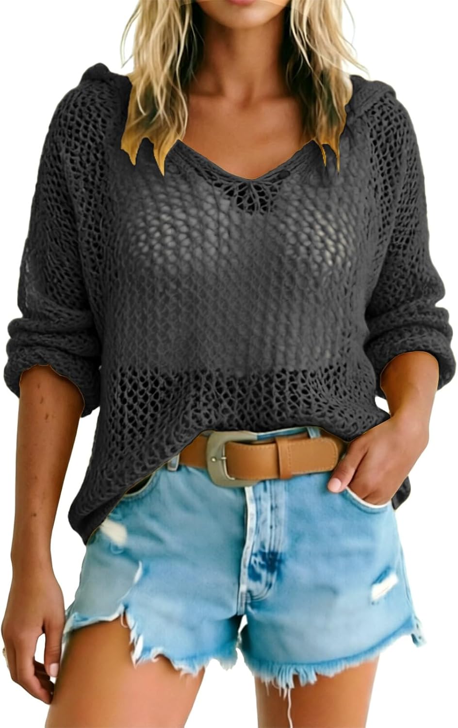 Womens Trendy 2026 Lightweight Sweaters Crochet Hollow Out Knit Tops 3/4 Sleeve Beach Vacation Clothes for Women