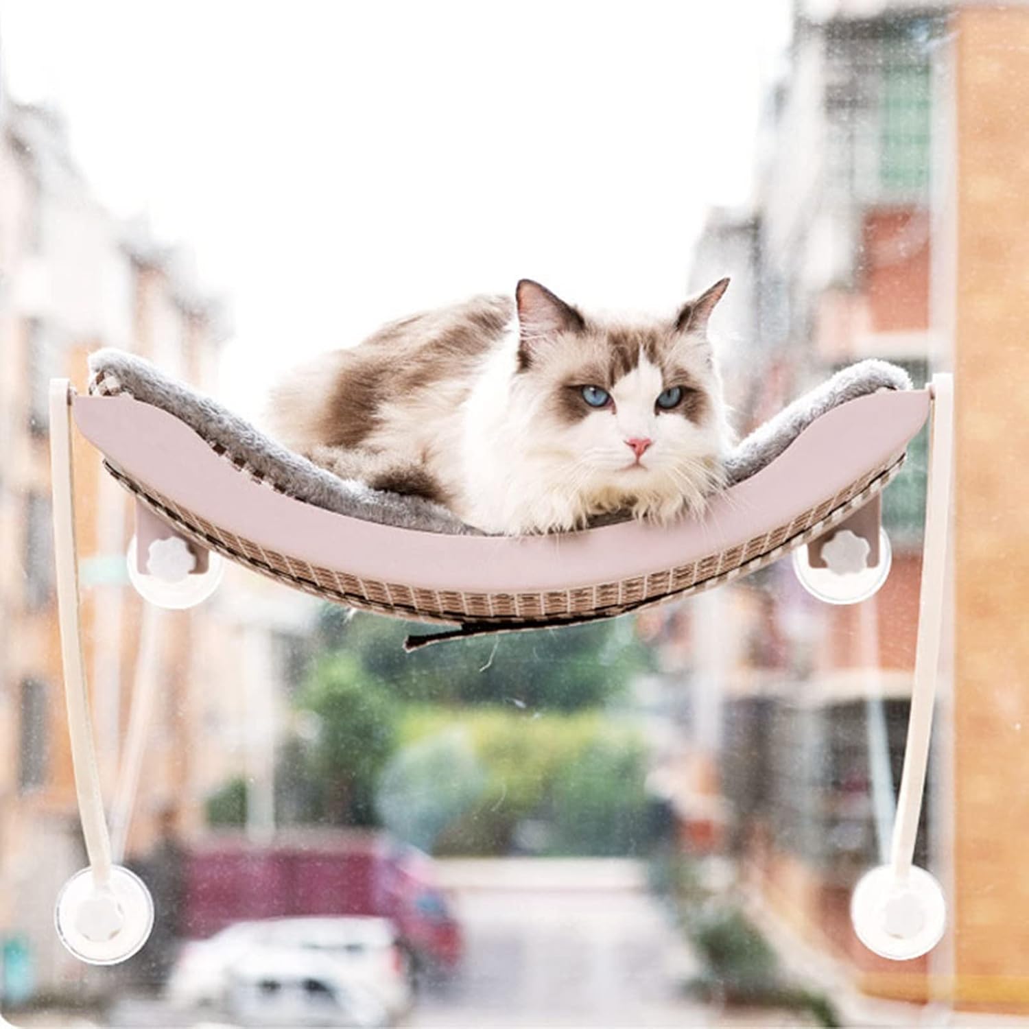 Cat Window Perch, Suspended Ventilation Grid Pet Hammock Bed Strong Load Bearing Cat Window Hammock Velvet Windows Pet Bed for Windowsill, Bedside, Drawer (Lotus Root Pink)